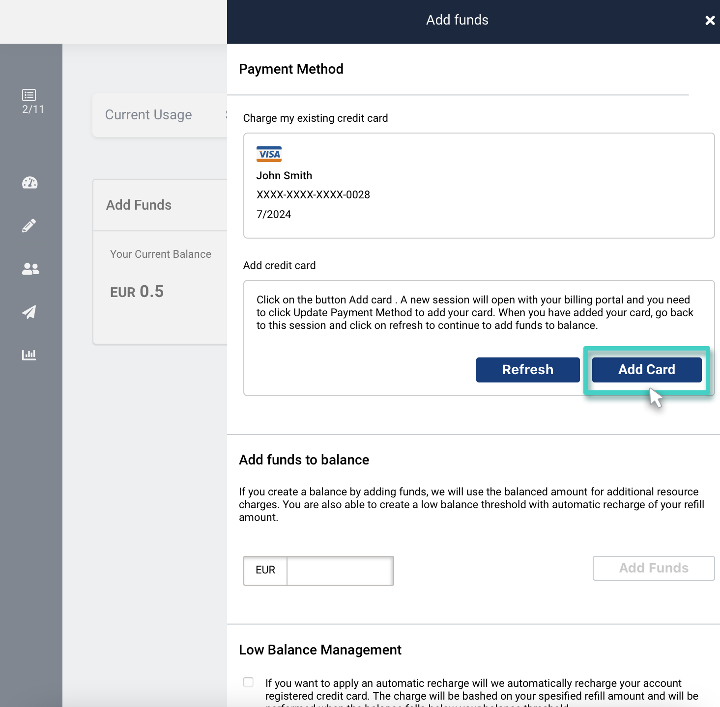 The billing section. Add card button is highlighted