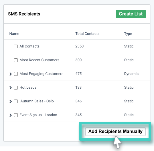 SMS campaign recipients. Add recipients manually button highlighted