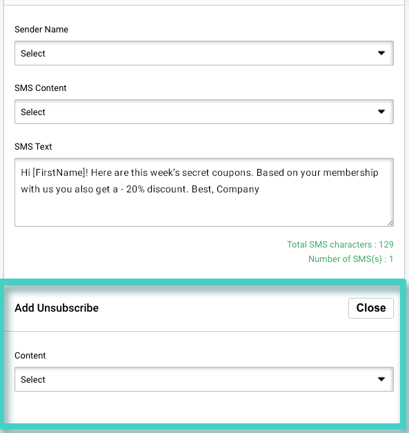 Add unsubscribe section SMS campaign unsubscribe template. SMS sending overview. Add unsubscribe section is highlighted