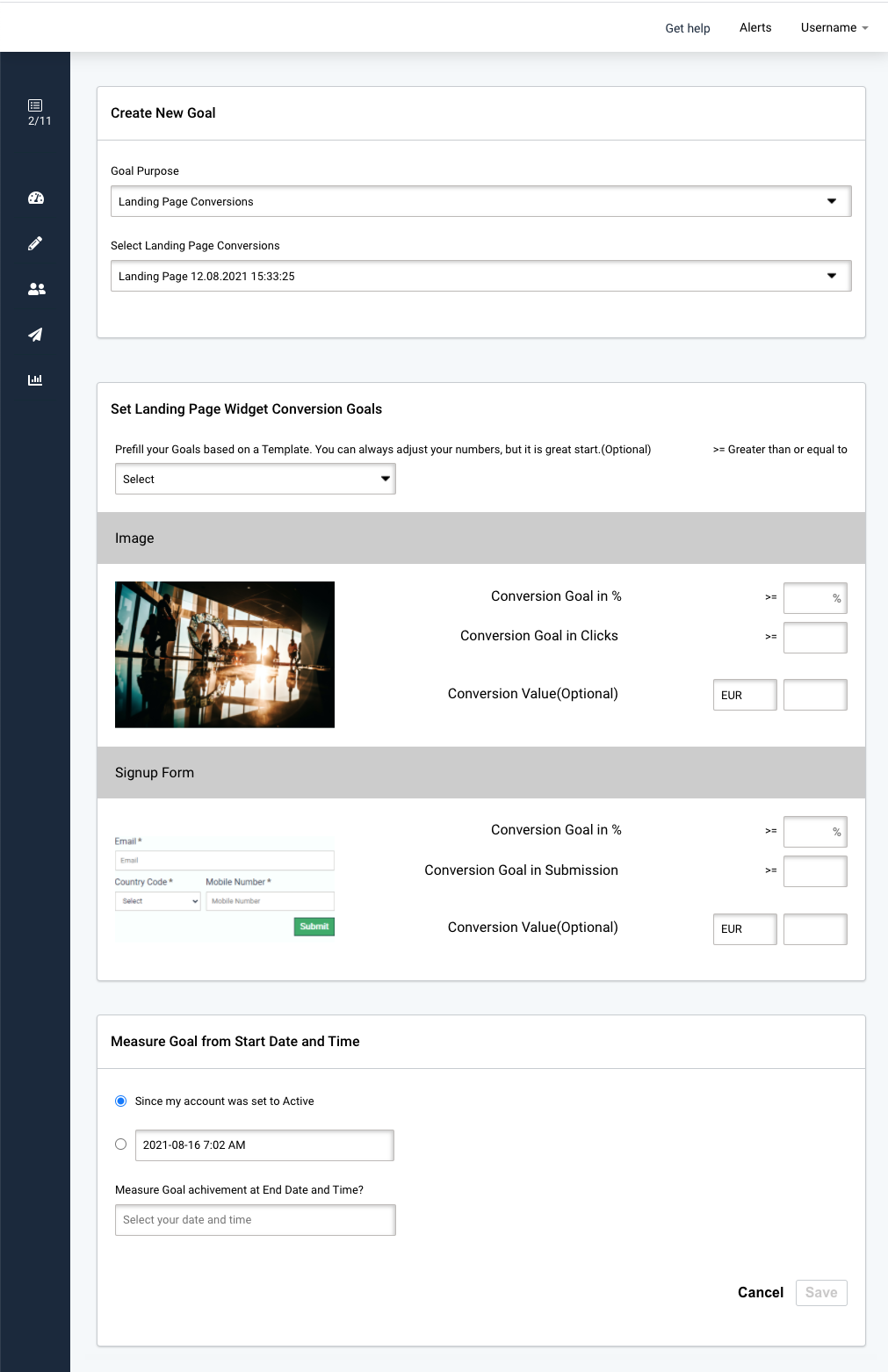 Conversion goals defaults Landing page conversion goals. Landing page widget conversion goals overview