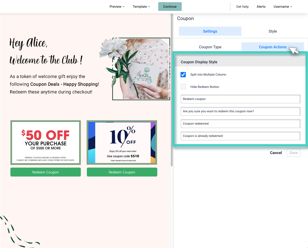 Enter appropriate coupon action texts - Landing Page Builder