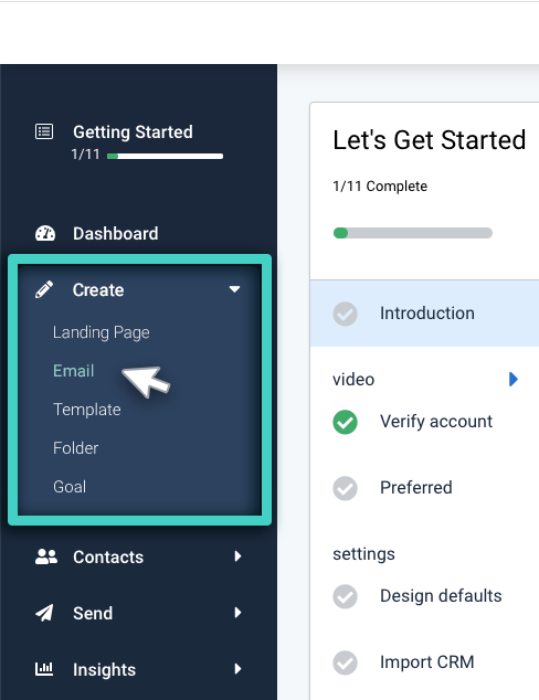 Double opt in email signups, create menu. Email is highlighted