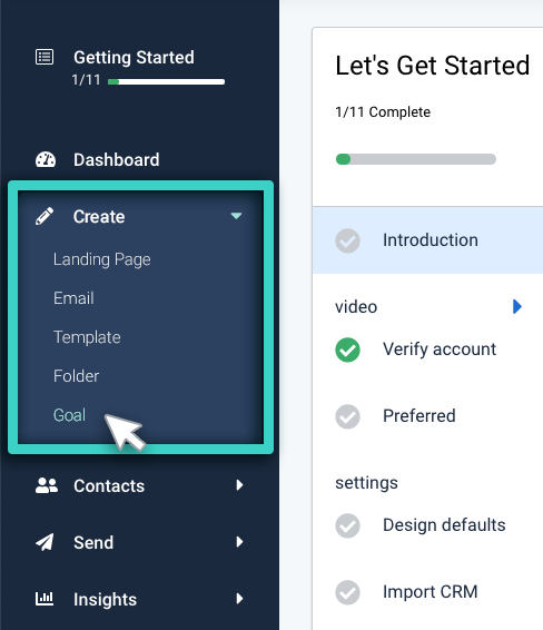 Landing page main menu Landing page conversion goals, create menu. Goal is highlighted