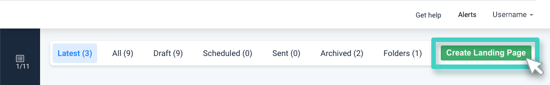 Landing page manager. Create landing page button is highlighted