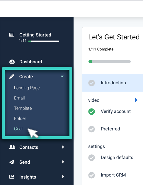 Previous SMS campaign goals, create menu. Goal is highlighted