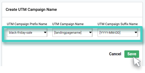 UTM code suffix name Create UTM template. Select prefix name, campaign name and suffix name