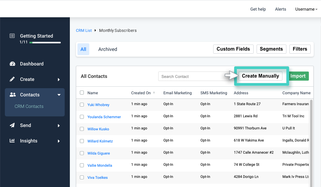 CRM adding contact. The create manually button is highlighted