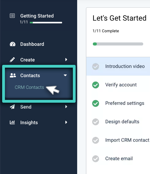 CRM adding contact, contacts menu. CRM contacts highlighted