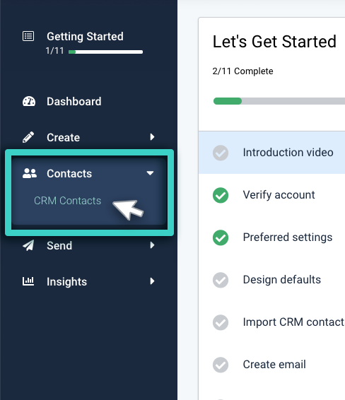CRM export, contacts menu. CRM contacts highlighted