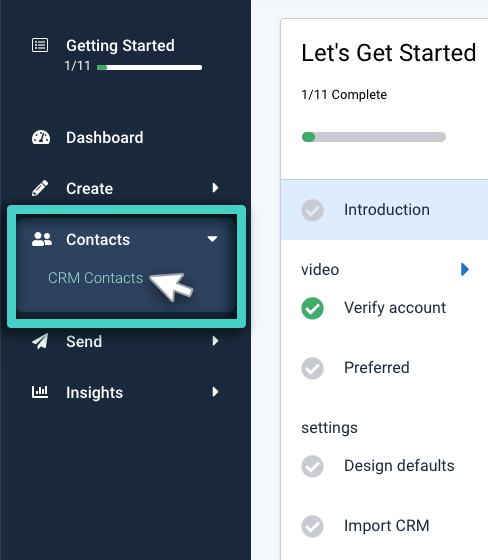 CRM segment, contacts menu. CRM contacts highlighted