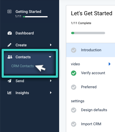 CRM import, contacts menu. CRM contacts highlighted