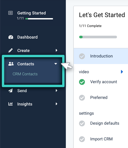 CRM, contacts menu. CRM contacts highlighted