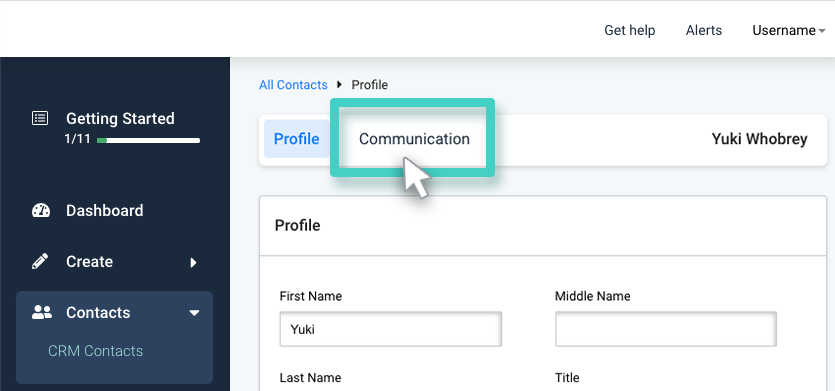CRM, contact profile. Communication button highlighted