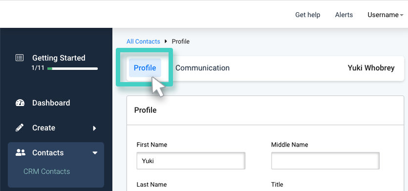 CRM, contact profile. Profile button highlighted