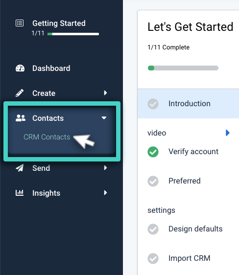 CRM list, contacts menu. CRM contacts highlighted