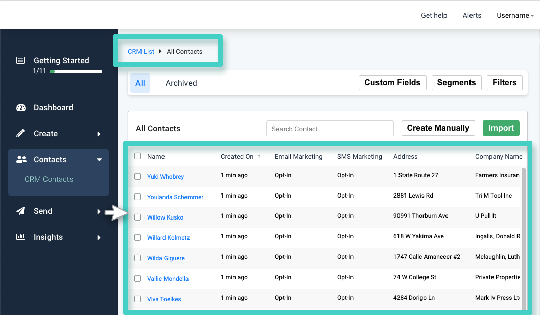 CRM, all contacts overview