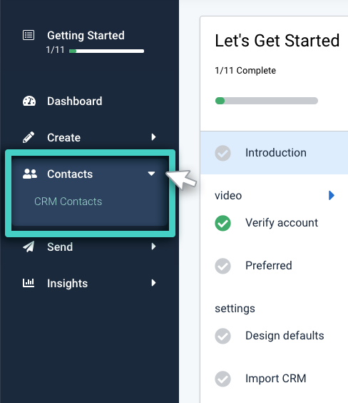 Enter CRM. Contacts menu, CRM contacts is highlighted