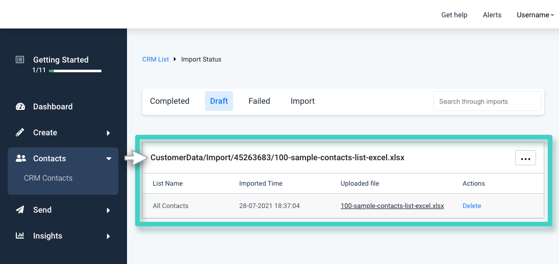 MainBrainer CRM import contacts, import status. Draft tab is highlighted