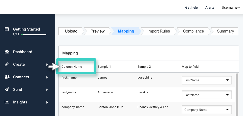 CRM custom import, mapping. Column name is highlighted