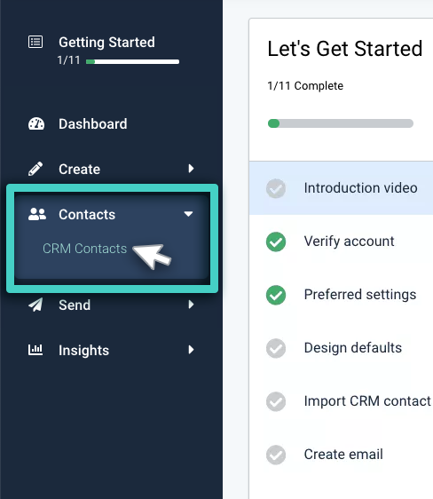 CRM custom fields, contacts menu. CRM contacts highlighted