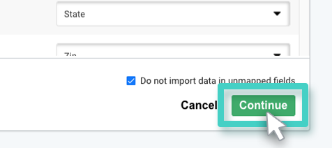 MainBrainer CRM import contacts, mapping tab. The continue button is highlighted