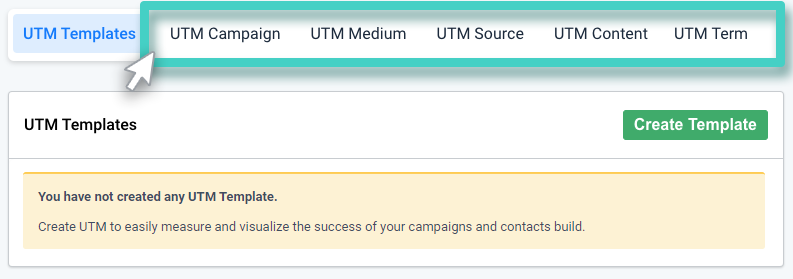 Custom UTM template Create UTM template. The custom UTM templates tab is highlighted