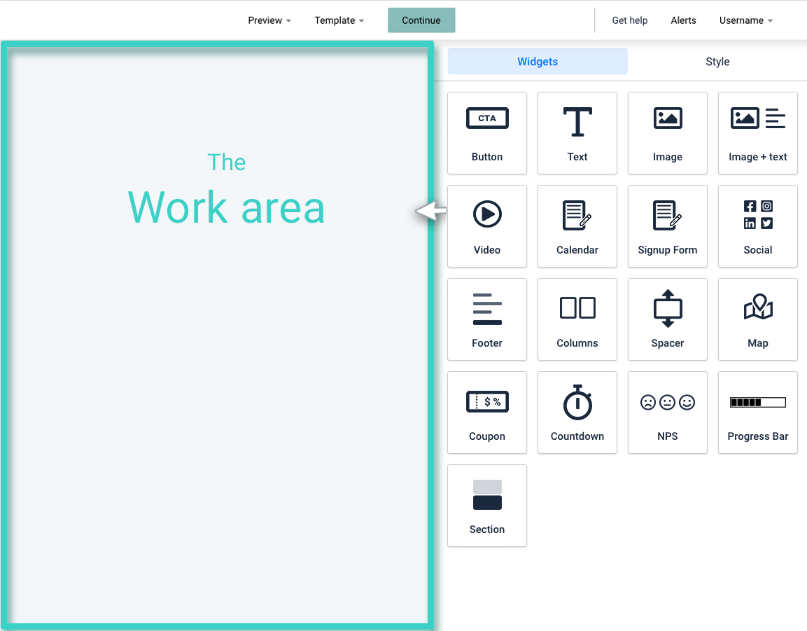Landing page builder. The work area is highlighted for drag and drop