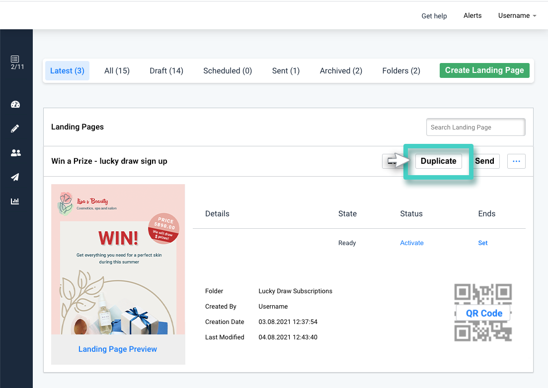 Modify saved landing page, landing page overview. The duplicate button is highlighted