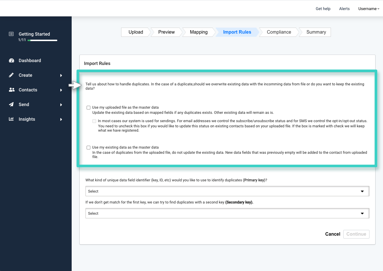 MainBrainer CRM import contacts, import rules tab. Duplicate handling options are highlighted