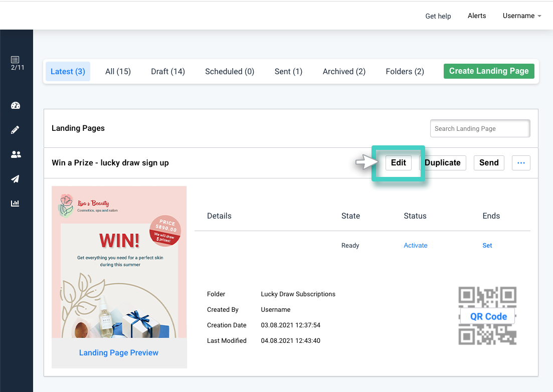 Modify saved landing page, landing page overview. The edit button is highlighted