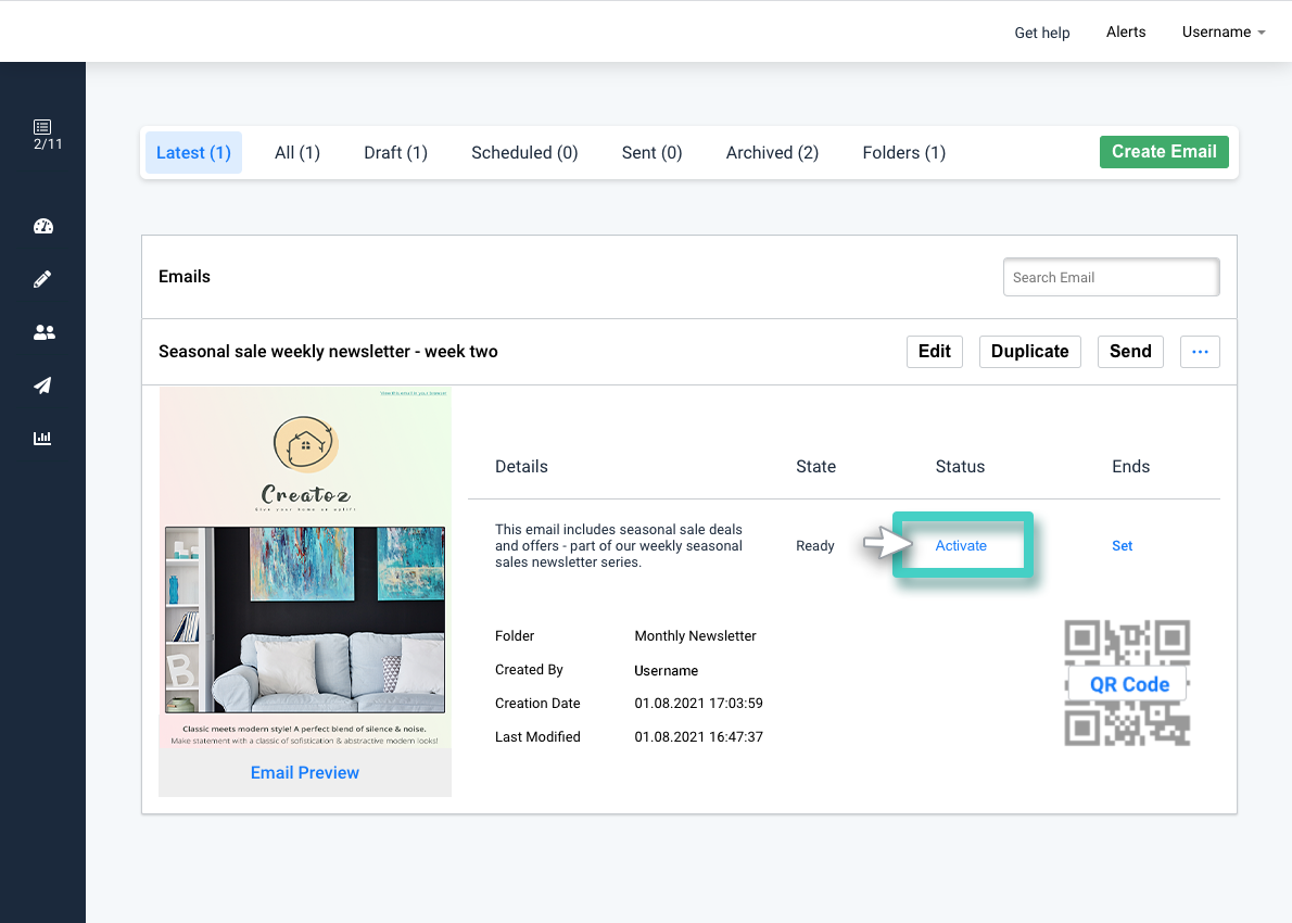New email campaign, emails overview. The activate button is highlighted