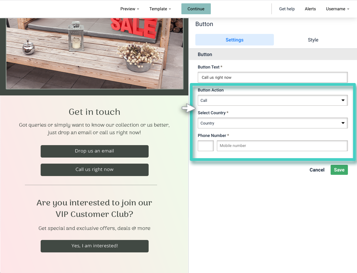 Email button settings tab, button action is set to call
