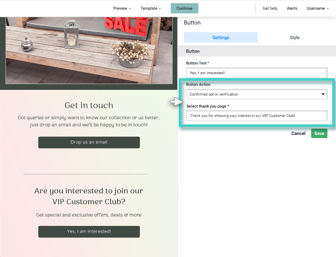 Email button settings tab, action set to confirmed opt-in verification