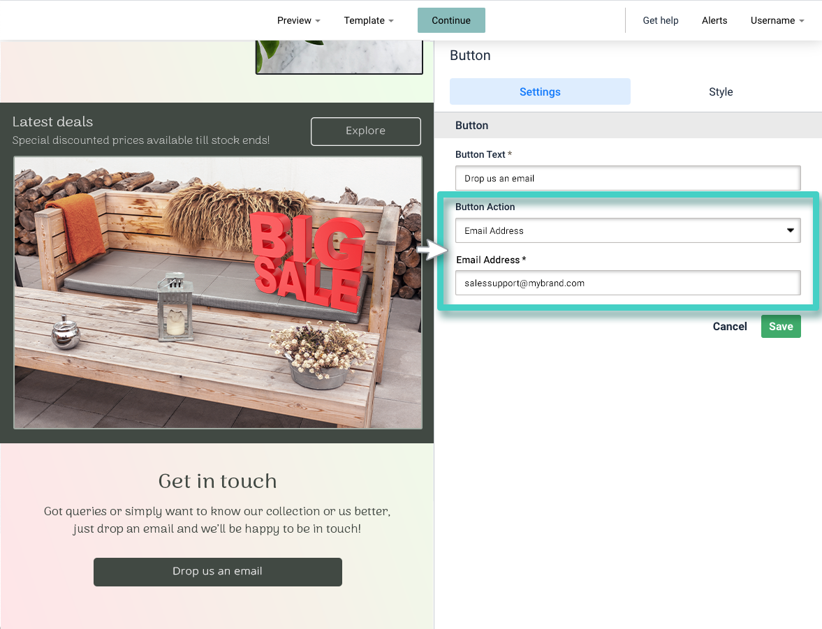 Email button settings, button action set to email address