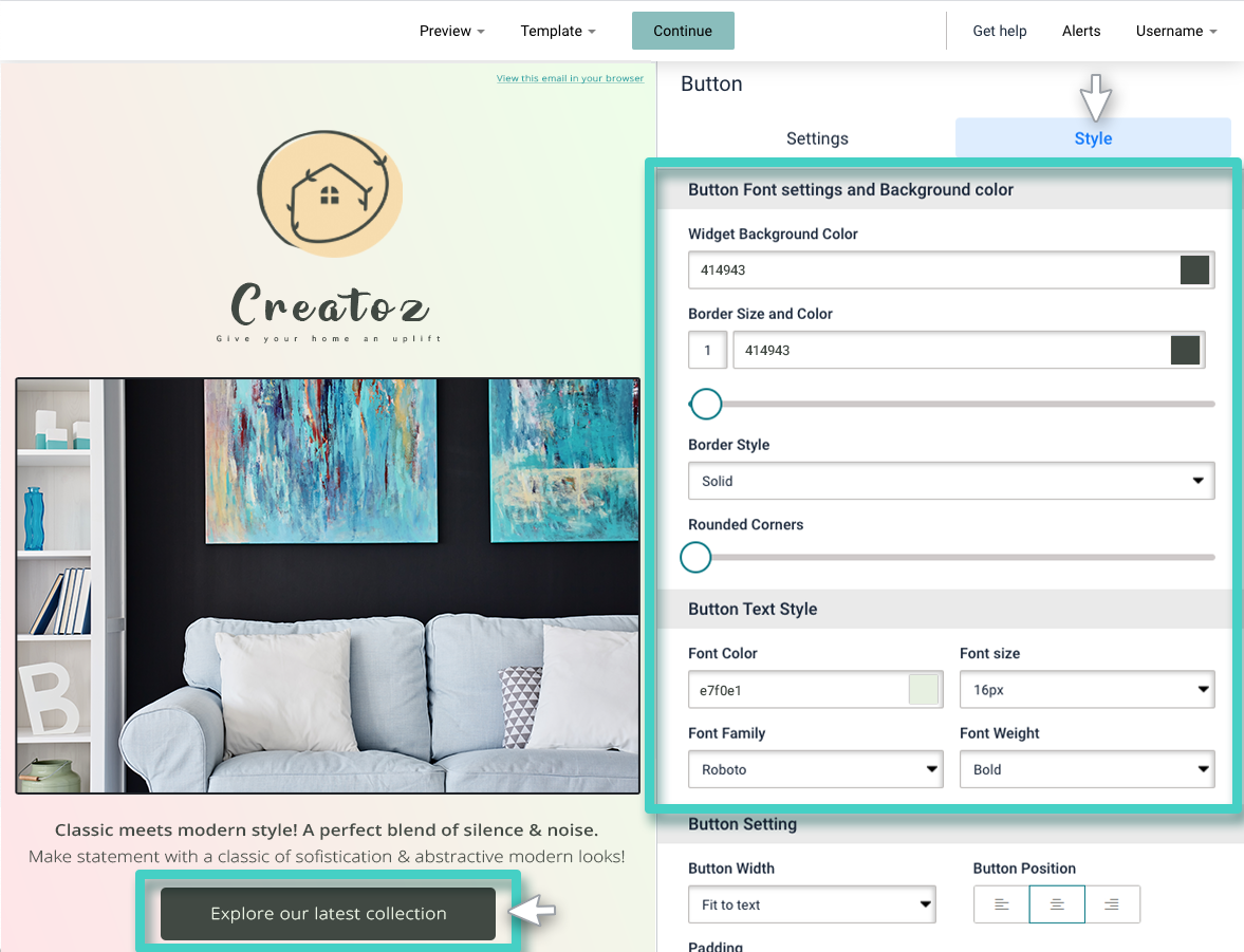 Email creator, button widget. Button style tab is highlighted