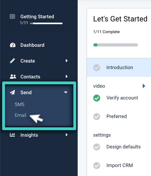 Email campaign sending, send menu. Email is highlighted