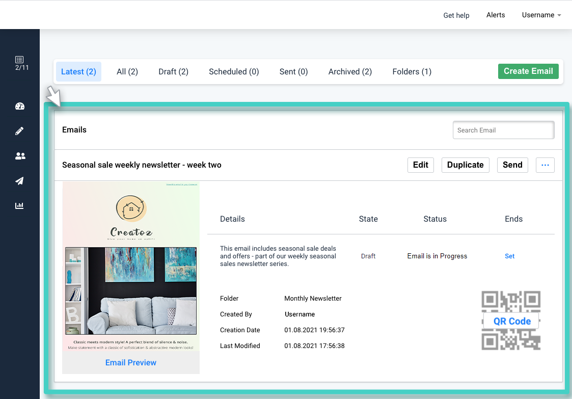 Email campaign manager, overview of basic information about the email