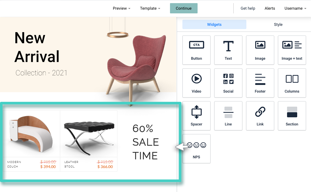 Email creator, columns widget. Add elements to the columns