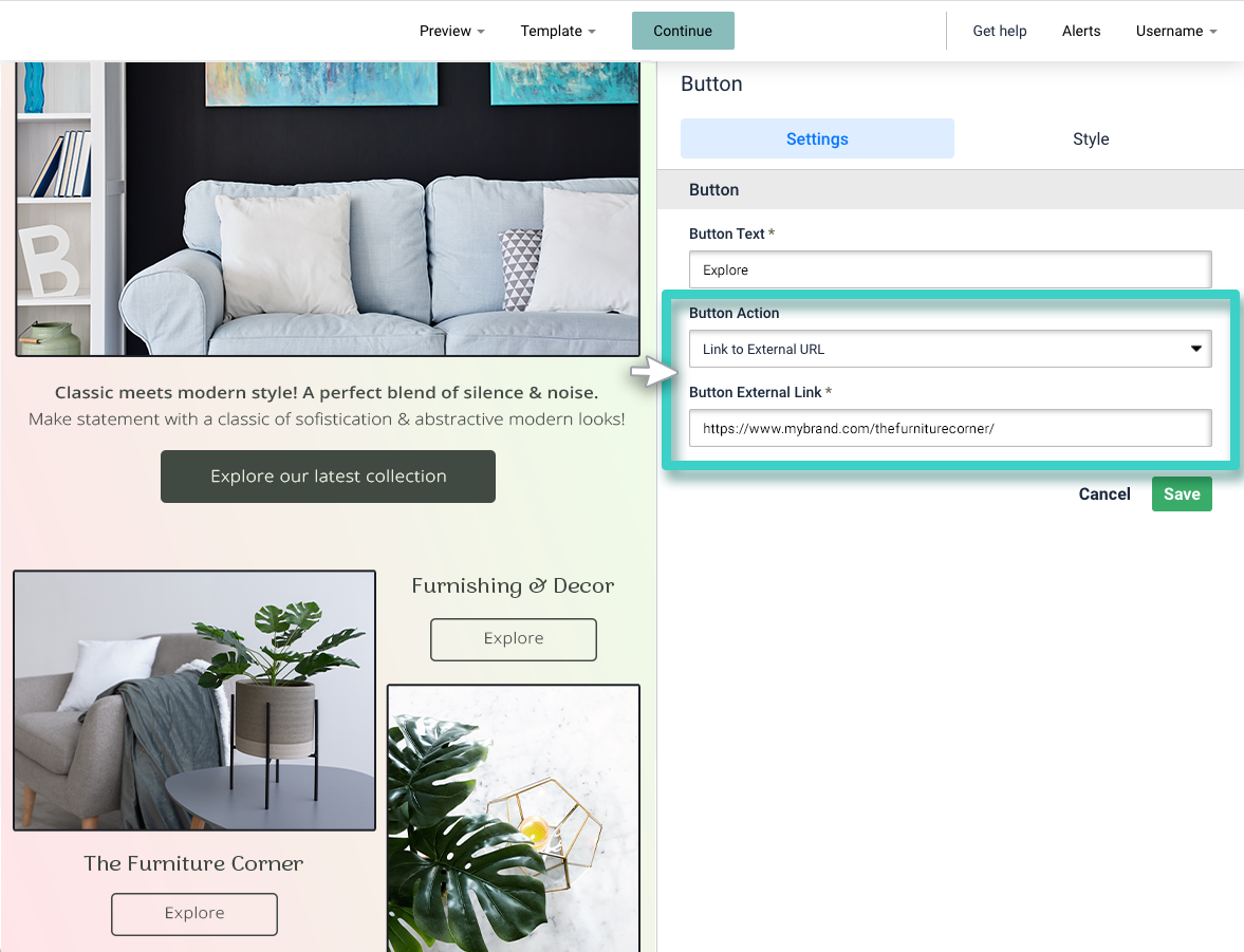 Email creator, button settings. Button action set to link to external url