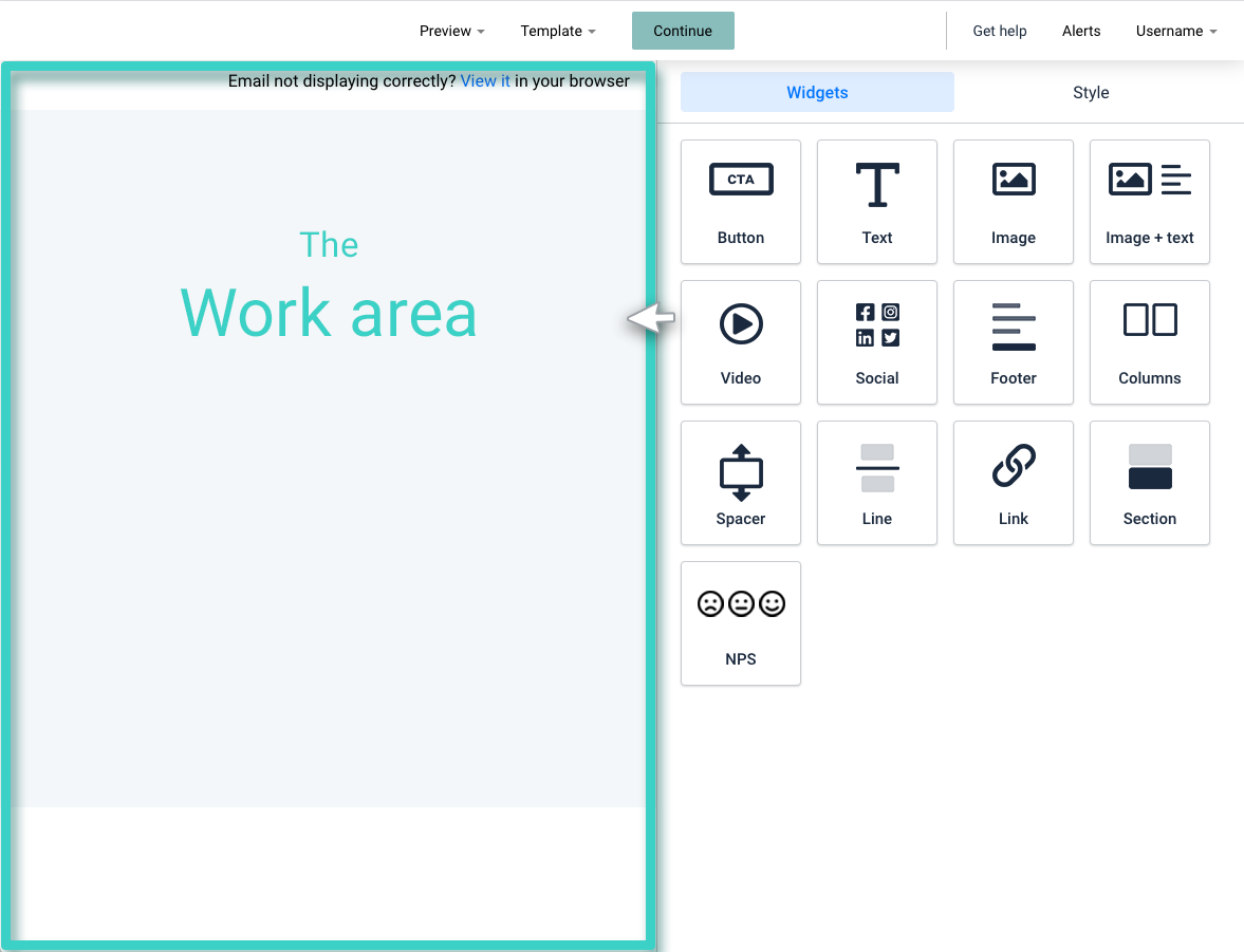 Email creator workarea Email creator. The work area is highlighted