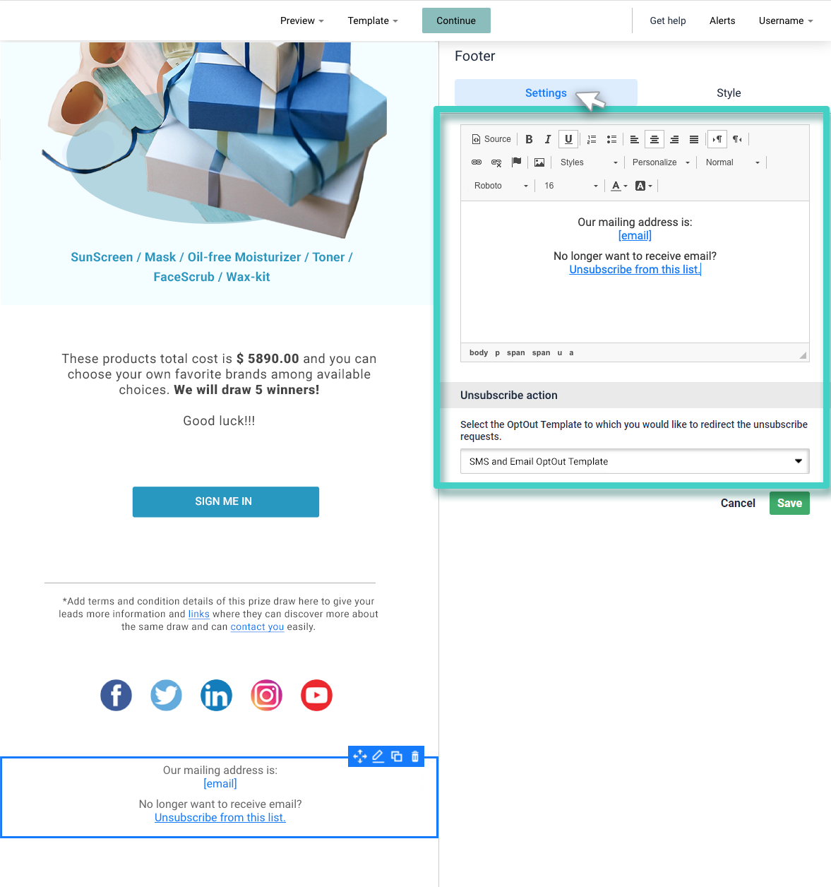 Email creator, footer widget. Footer settings tab is highlighted