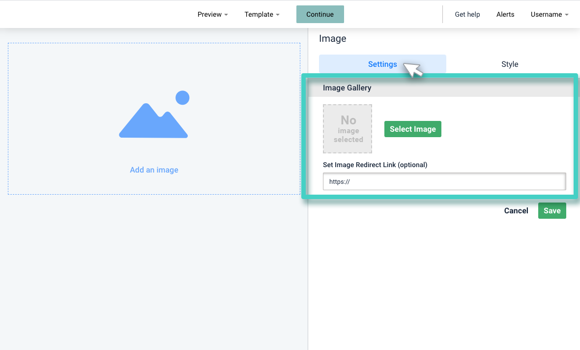 Email creator, image widget. The image widget settings tab is highlighted