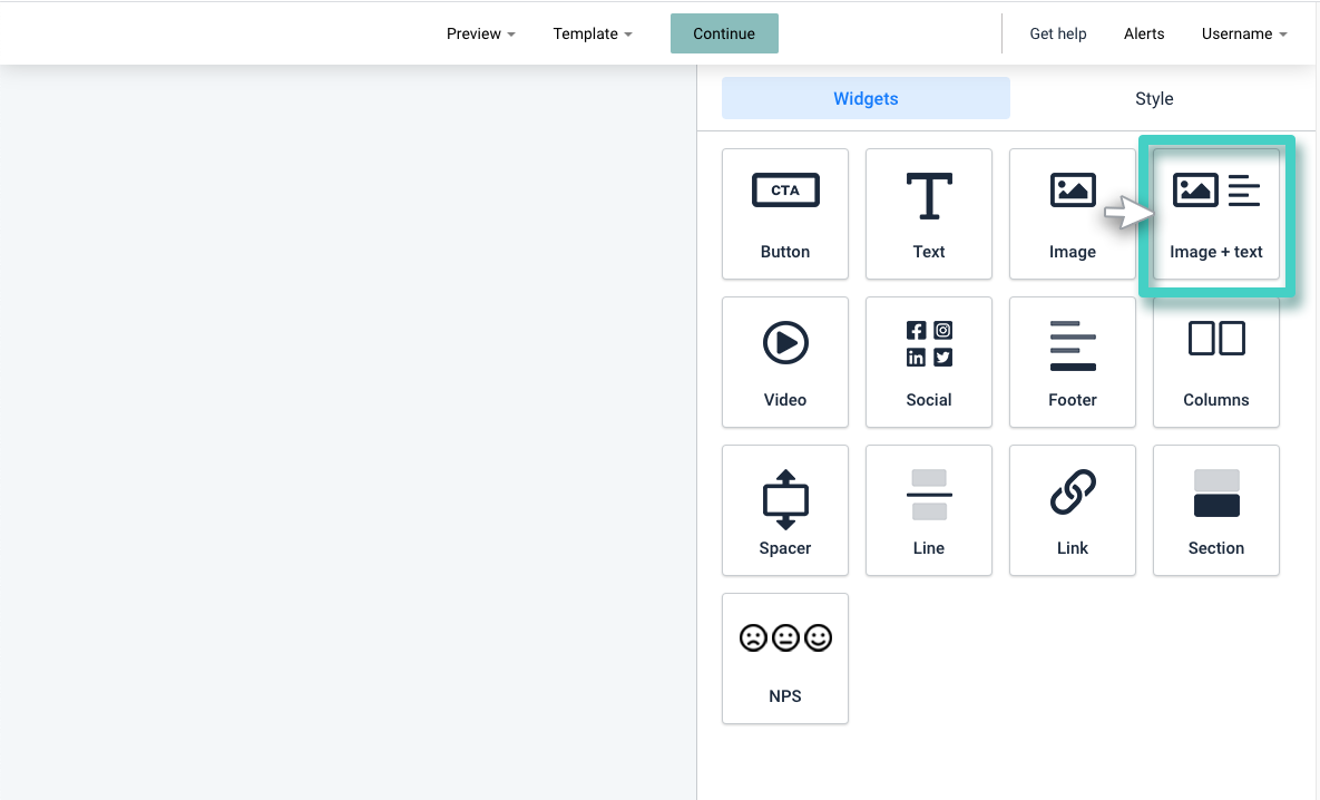 Email creator, the text and image widget is highlighted