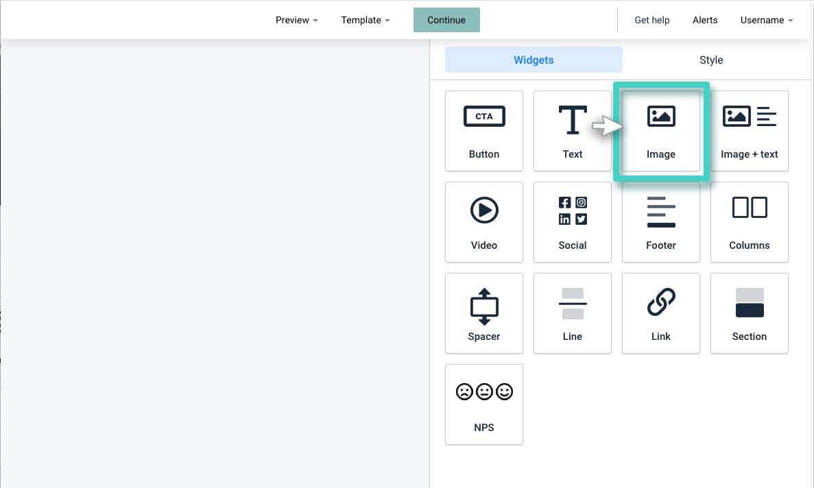Email creator, the image widget is highlighted