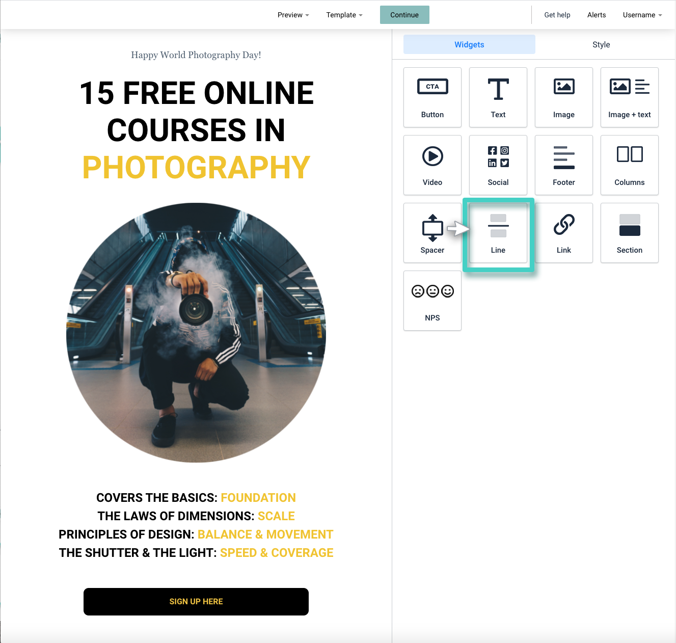Email creator, the line widget is highlighted