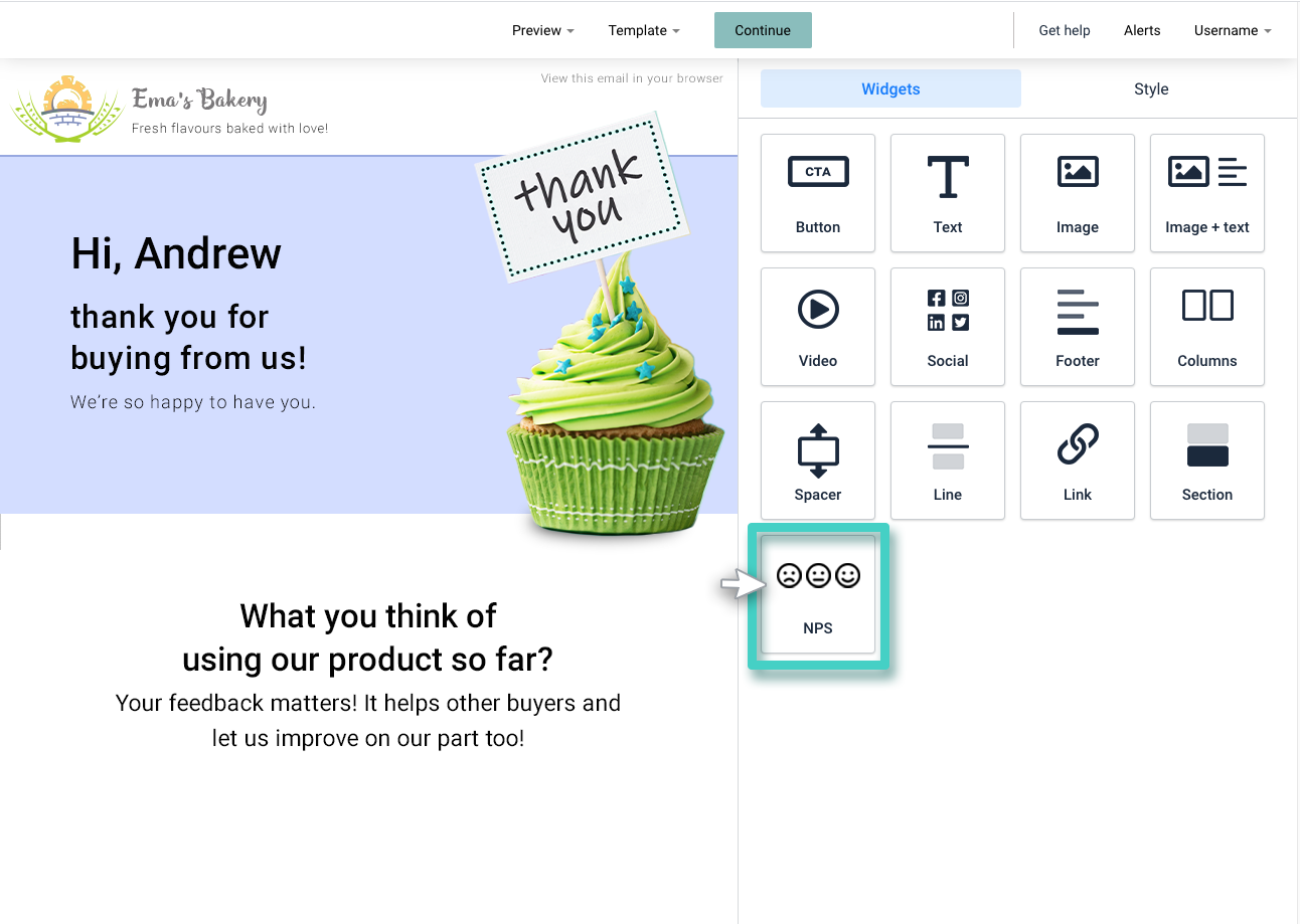 Email creator, the NPS widget is highlighted