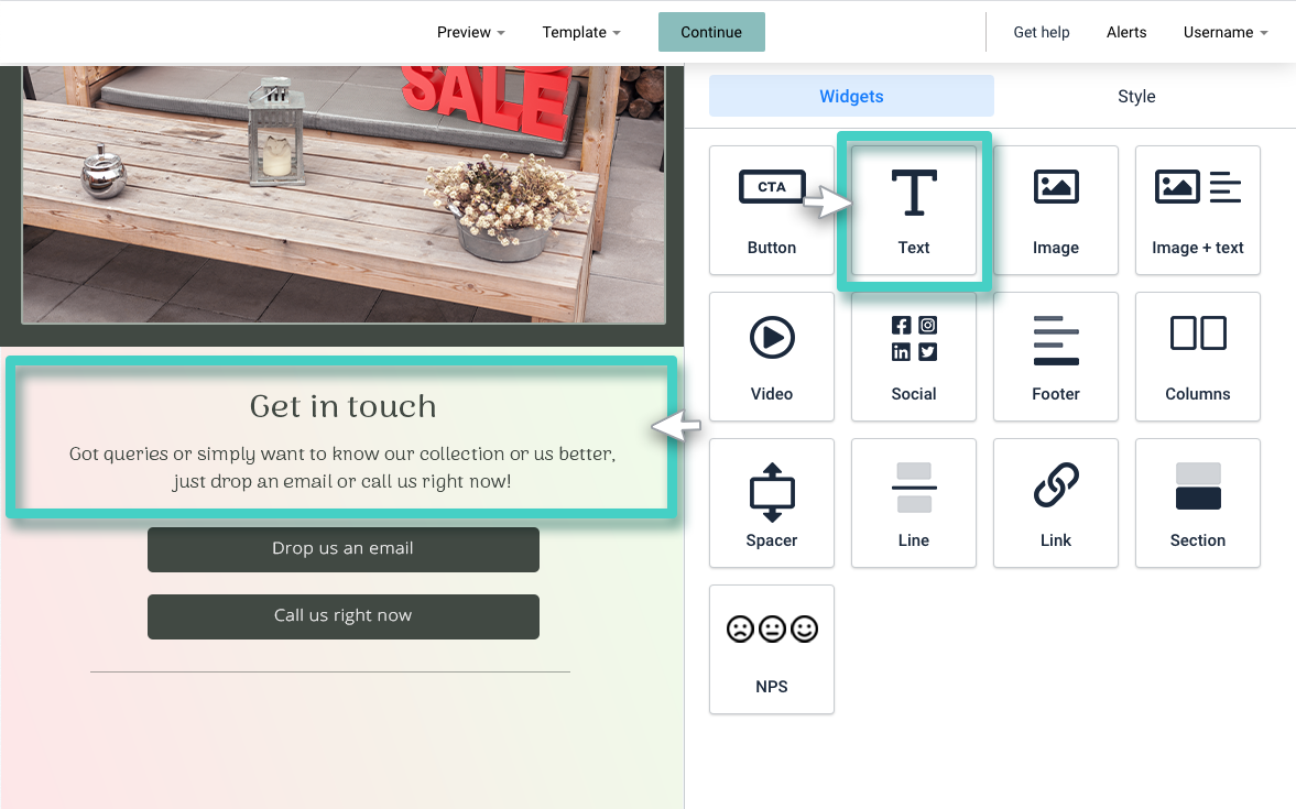 Email creator, the text widget is highlighted