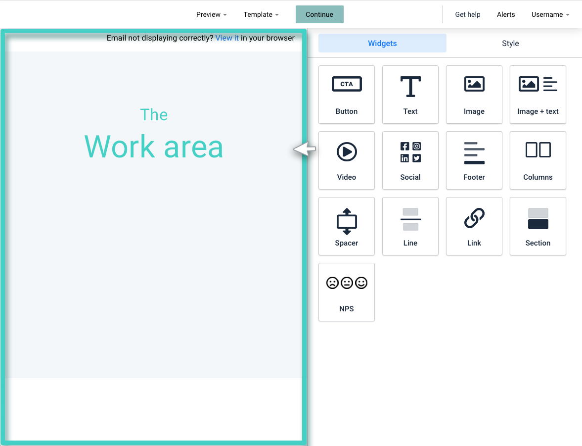 New email campaign, email creator. The work area is highlighted