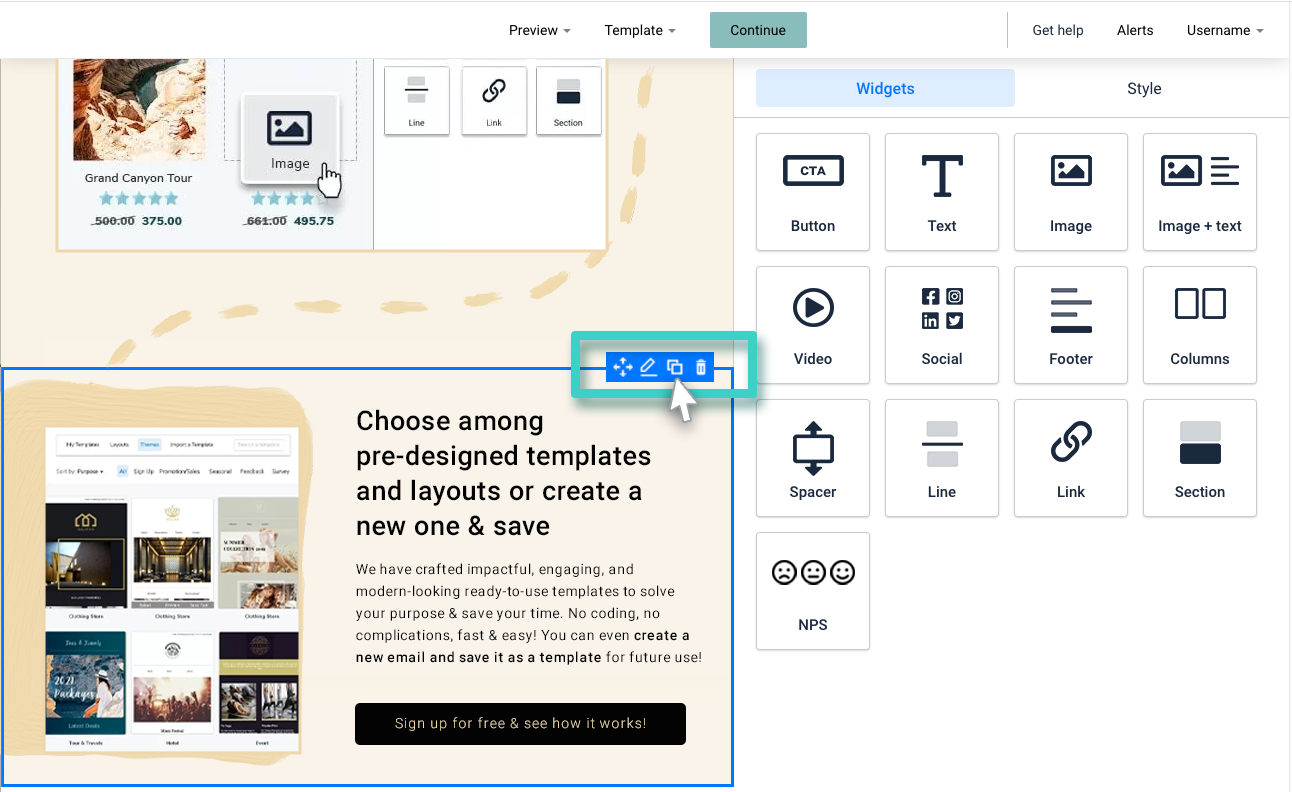 Email section actions Email creator, section widget. Section actions are move, edit, duplicate or delete