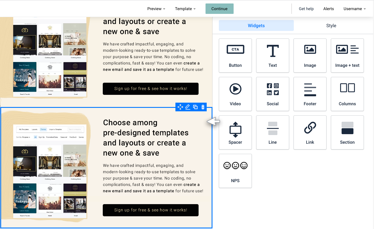 Email section duplicate Email creator, section widget. Duplicate section example
